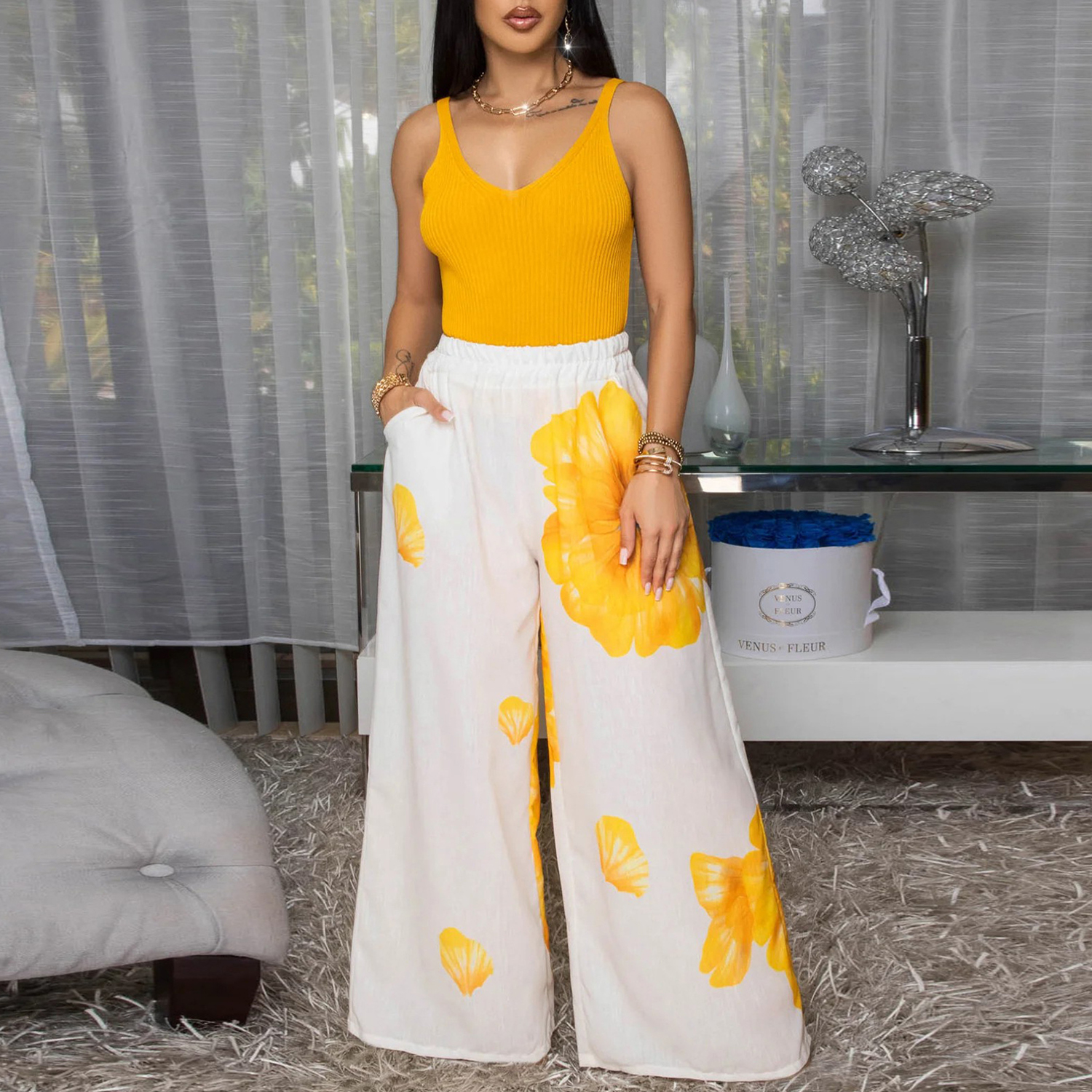 Women's Summer Floral Print Elastic High Waist Wide Leg Pants Loose Trousers with Pockets view 4