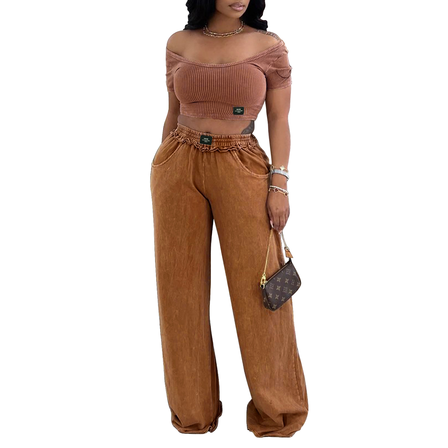 Women's 2 Piece Outfits Short Sleeve Crop Tops Wide Leg Pants Sets Tracksuits Summer Lounge Sets view 2