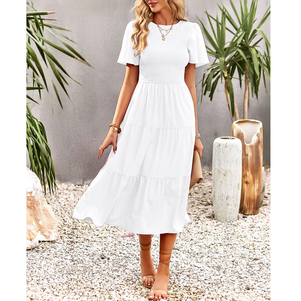 Women's Summer Flutter Short Sleeve Smocked Midi Dress Summer Casual Tiered A-Line Dress view 7