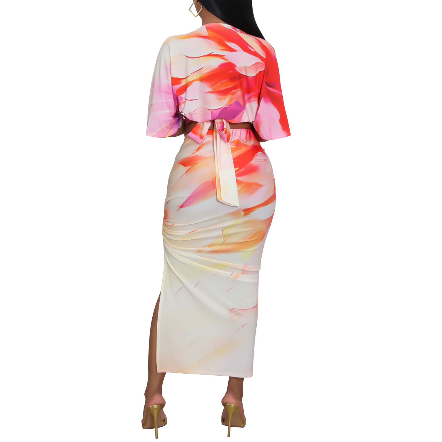 Women's Summer 2 Piece Sets Floral Kimono Sleeve Crop Top and Bodycon Slit Midi Skirt Set Vacation Outfits view 3